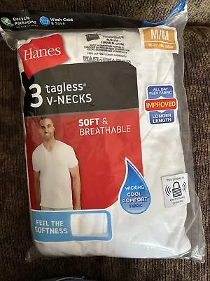 Mens Hanes White ComfortSoft Tagless T Shirt V Neck 3 Pack) Size Medium • $12.99