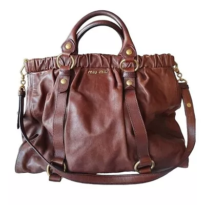 Miu Miu Bag Vitello Brown Leather Tote Crossbody Bag • $292.89