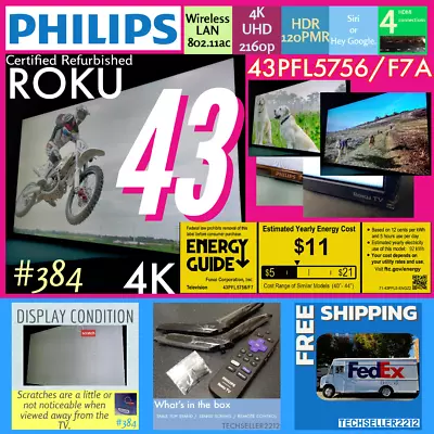 Philips 43  4k Ultra HD(2160p Roku Smart LED TV 43PFL5756/F7 A With Remote/Stand • $144.65