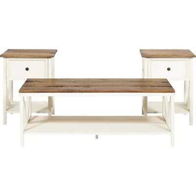 3-Piece Distressed Solid Wood Coffee Table Set In Rustic Oak/White Wash • $458.16
