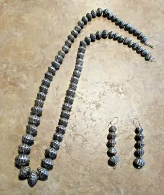 26  OLDER Vintage Navajo Hand Made Sterling FLUTED BEAD Necklace / Earrings • $499