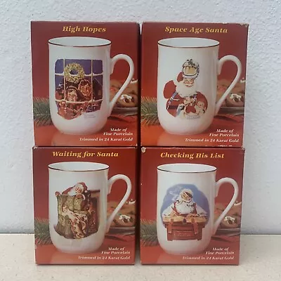 New Vintage Christmas Mug Norman Rockwell Santa 24k Gold Rimmed 4 Cup Set Boxes • $26.93