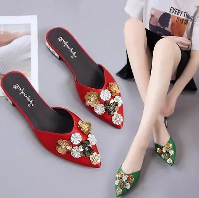 Womens Slippers Casual Mules Pumps Flower Pointed Toe Slip On Sequins Shoes • $32.99