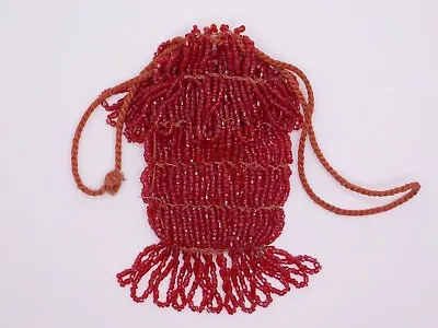 Vintage Red Beaded Drawstring Purse Fringed Flapper Style 4  In Length Small • $24