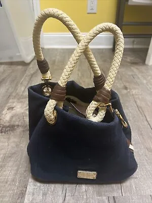 Michael Kors Marina Navy Blue Tote Bag Purse Rope Handles Gold Anchors Nautical • $40