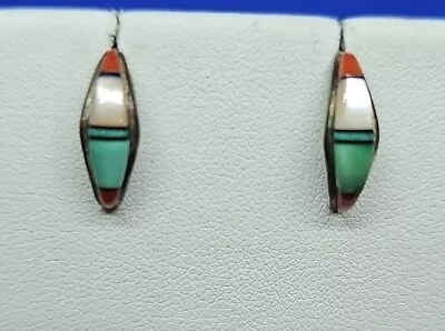 Vintage SignedSterling Silver Southwest  Zuni Inlaid Hoop Post Earrings  • $20