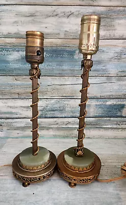 Pair Of  Vintage MCM Lamp Green Marble And Brass Metal Base Bedside Table Lamps • $60