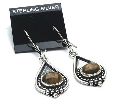 Vintage Sterling Earrings 925 Silver Tiger's Eye Gemstone Bali Look Pierced Drop • $16