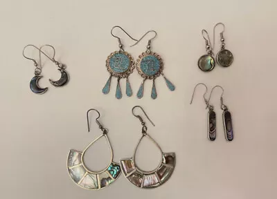 Vintage Sterling Alpaca Mexico Dangling 5 Sets Enamel Inlay Earrings • $15.99