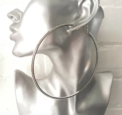 Huge 4  Silver Tone Hoop Earrings With Patterned Edge Detail -10cm - Big Hoops • £3.85