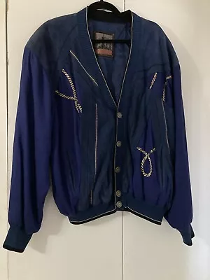 Torras Mens Varsity Jacket Size 56/2XL  Blue Silk And Cotton Suede Button Front • $42.22