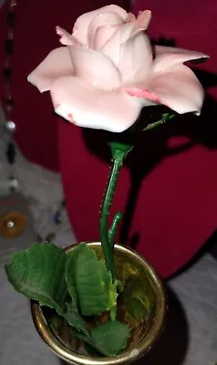 Vtg Porcelain Flower Pink Rose Long Stemmed Plastic Stem Leaves Bone China &Vase • $45