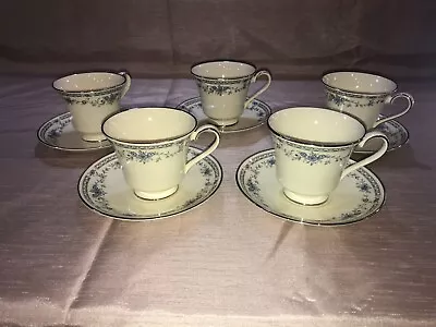 Minton Bellemeade England Set Of 5 White & Blue Bone China Cups And Saucers -euc • $19.99