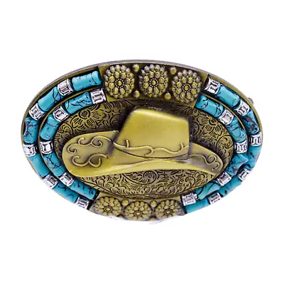 Men Rusty Antique Gold Metal Belt Buckle Cowboy Hat Turquoise Blue Vintage Style • $17.99