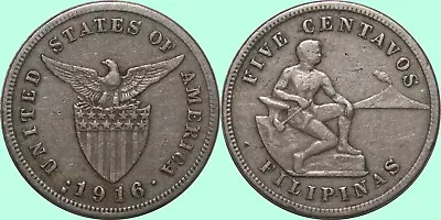 1916-S US/Philippines 5 Centavos ~ VF Details ~ Key Date ~ Allen#4.06 ~ H135 • $280