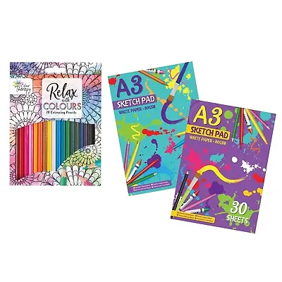 £7.19 • Buy A3 Sketch Pad With 20 Pencil Colour Set For Kids Adults Drawing Artist Painting