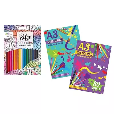 £7.19 • Buy A3 Sketch Pad With 20 Pencil Colour Set For Kids Adults Drawing Artist Painting