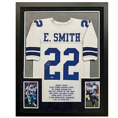 Emmitt Smith Signed Dallas White Stat Custom Suede Matte Framed Football Jersey • $520