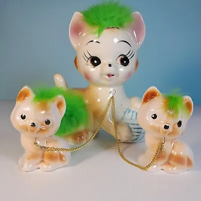 Vintage Chained Cat Family Real Fur Green And Kitsch. • $85