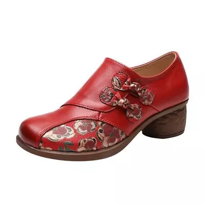 Retro Print Boho Shoes On Heels Red Woman Pumps Leather Medium Heels Pumps Shoes • $39.17