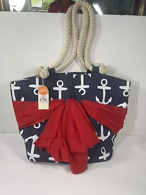 MUD PIE Beach Bag Tote Navy Blue With White Anchors And Red Sarong • $35