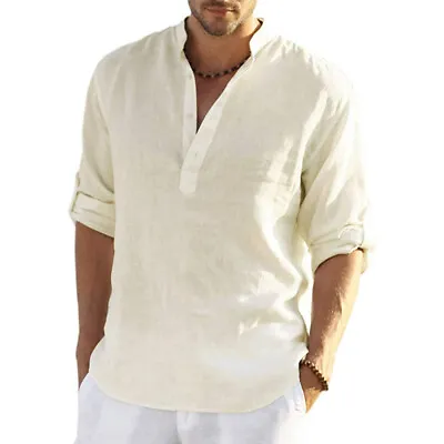 $15.76 • Buy Mens Cotton Linen V-Neck Long Sleeve T-Shirt Tops Casual Loose Solid Blouse Tee