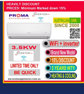 PROMA 3.5 KW Split System Reverse Cycle Air Con.Heating And Cooling Wifi Inv.✔ • $695.99