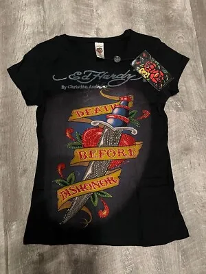 ED HARDY RHINESTONES Women’s T-Shirt Short Sleeve  Black 100% Cotton SIZE MEDIUM • £20.07