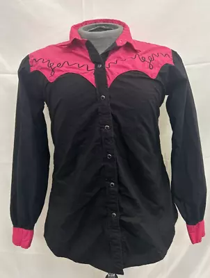 Vintage Sheplers Black & Pink Embroidered Western Cowboy Pearl Snap Shirt Sz Lg • $30