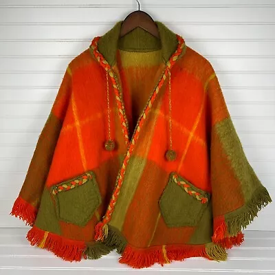 Vintage Retro Orange And Green Wool Poncho W/Fringe Made In Columbia Womens O/S • $28