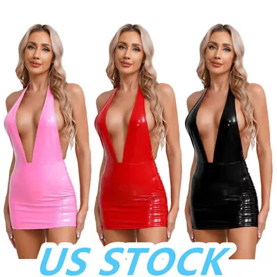 US Woman's Patent Leather Bodycon Dress Halter V Neck Backless Dress Clubwear • $11.88