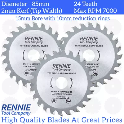 3 Pack - 85mm X 15mm X 24T TCT Circular Wood Saw Blade For Bosch Makita Worx Etc • £12.99