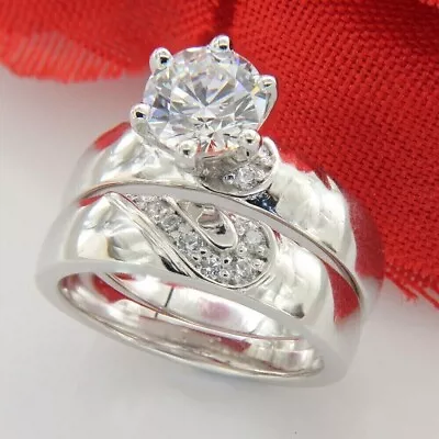 2.50Ct Round Moissanite Prong Trio Set Engagement Ring 14k Solid White Gold • $427