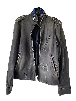 D&G Lambskin Leather Jacket In Grey/black Size L/M Military Distressed Edgy • £199