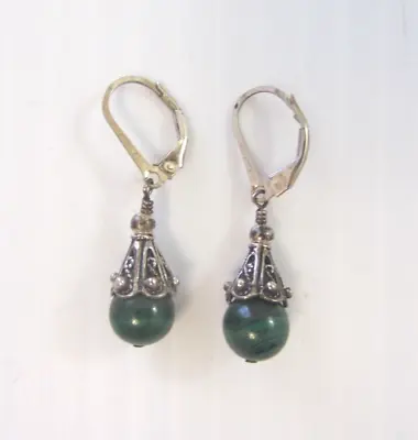 VTG Sterling 925 Drop/Dangle Pierced Malachite Healing Gemstone Earrings 1 Inch☆ • $20