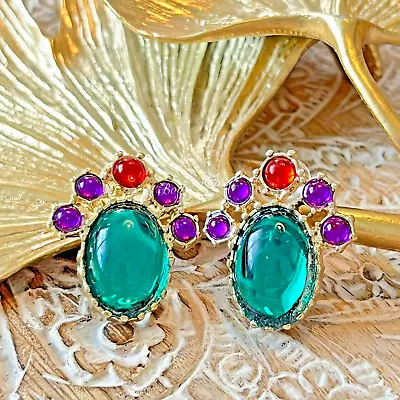 Brand NEW Vintage Gold Plated Resin Earring Silver Post Green/ Purple • $28