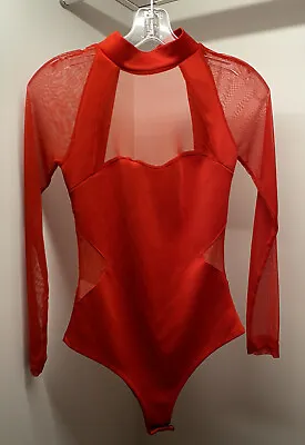 Long Sleeves Cut Out Mesh Details Halter Neck Bodysuit In Red Size S/M • £18