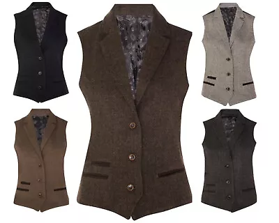 Womens Tweed Herringbone Waistcoat Wool Blend 1920s Formal Vintage Tailored Vest • $84.99