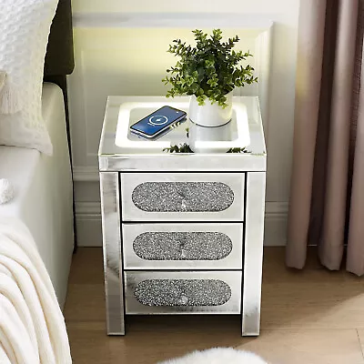 Mirrored Nightstand Bedside End Table 3 Drawers Wireless Charging USB LED Light • $161.99