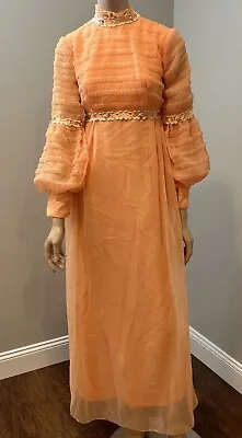 Vintage 60s 70s Hostess Orange Chiffon Maxi Summer Dress Long Puffy Sleeve • £81.22