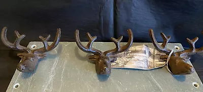 3 Coat Hooks Cast Iron Stag Antler Hanger Heavyweight Wall Mounted 33cm X 10cm • £21