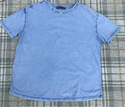 M&S T-Shirt Top Faux Denim Print Chambray Tee Cotton Light Blue Festival • £10.99