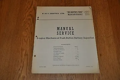 Marconiphone 872 His Masters Voice 1400  5 Valve Superhet Genuine Service Manual • $4.98
