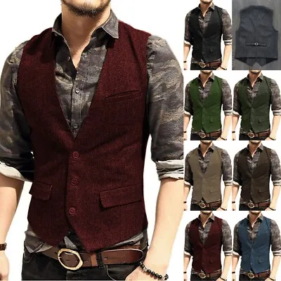 Mens Tweed Vests Cowboy Western Vintage Wool Blend Herringbone S M Large XL XXL • $25.19