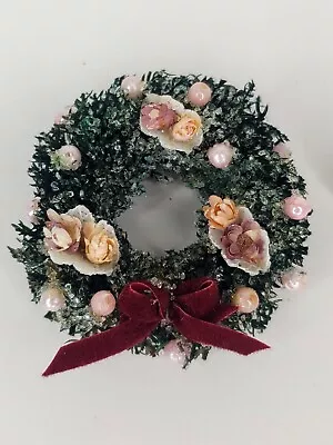 VTG Christmas Wreath Pearl Ornaments Lace Dry Flower 1:12 Dollhouse Miniature • $24.99