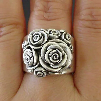 Boho 925 Sterling Silver New Women Fashion Vintage Style Rose Flower Ring Size 8 • $13.74