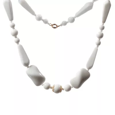 Vintage Necklace Czech White Twist Rectangle Teardrop Round Glass Beads • $27