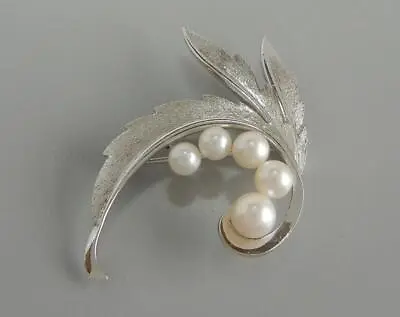 Vintage Signed Mikimoto Brooch Silver 5 Cultured Pearls Pin • $79