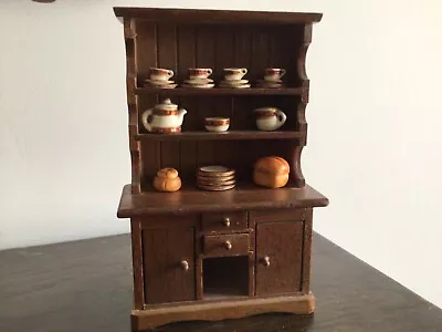 Dolls House Miniature Oak Welsh Dresser Red Steelite Like Dinner Set And Breads • £35