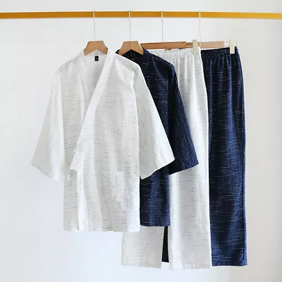 Japanese Men Pajamas Set Cotton Striped Kimono Top Pants Sleepwear Nightgown Kit • $32.80